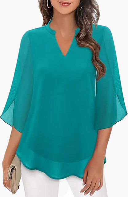 Damen-Bluse mit V-Ausschnitt und geschlitzten Glockenärmeln