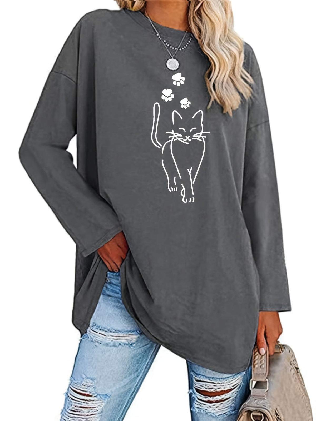 Damen Langarmshirt Oversize mit Katzenmotiv und Pfotenabdruck Rundhalsausschnitt Freizeitshirt