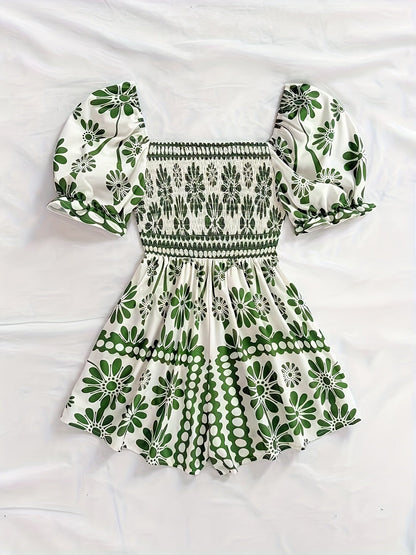 Damen Vintage-Jumpsuit mit Puffärmeln und Blumenmuster – Eleganter Einteiler für Sommer und Freizeit