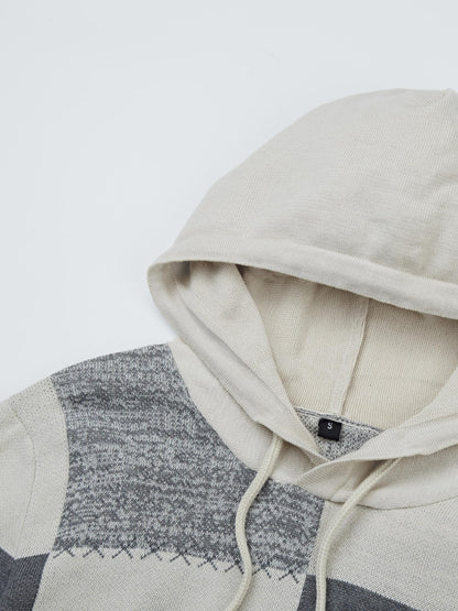 Herren Hoodie Pullover im Patchwork-Design mit Kapuze und Kordelzug, Strickoptik, Langarm