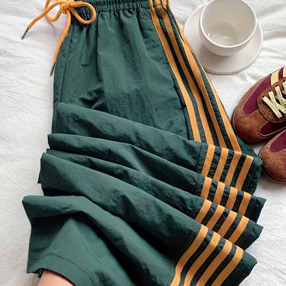 Damen Weitbeinige Athleisure Hose mit Streifen und Kordelzug – Sportlich & Lässig