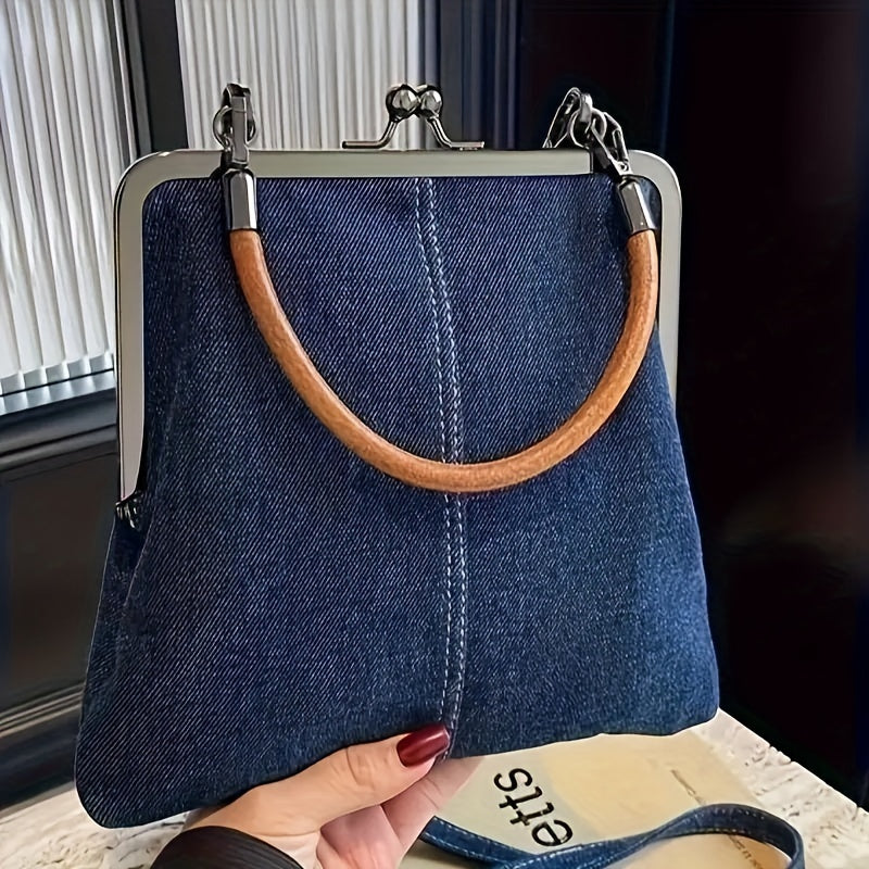 Damen Vintage Umhängetasche mit Holzgriff – Retro Handtasche im modernen Stil