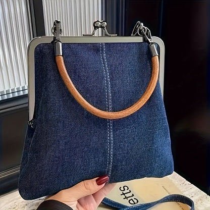 Damen Vintage Umhängetasche mit Holzgriff – Retro Handtasche im modernen Stil