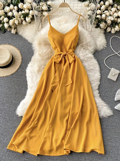 Damen Maxikleid mit Schleife und Spaghettiträgern – Elegantes Sommerkleid für festliche Anlässe