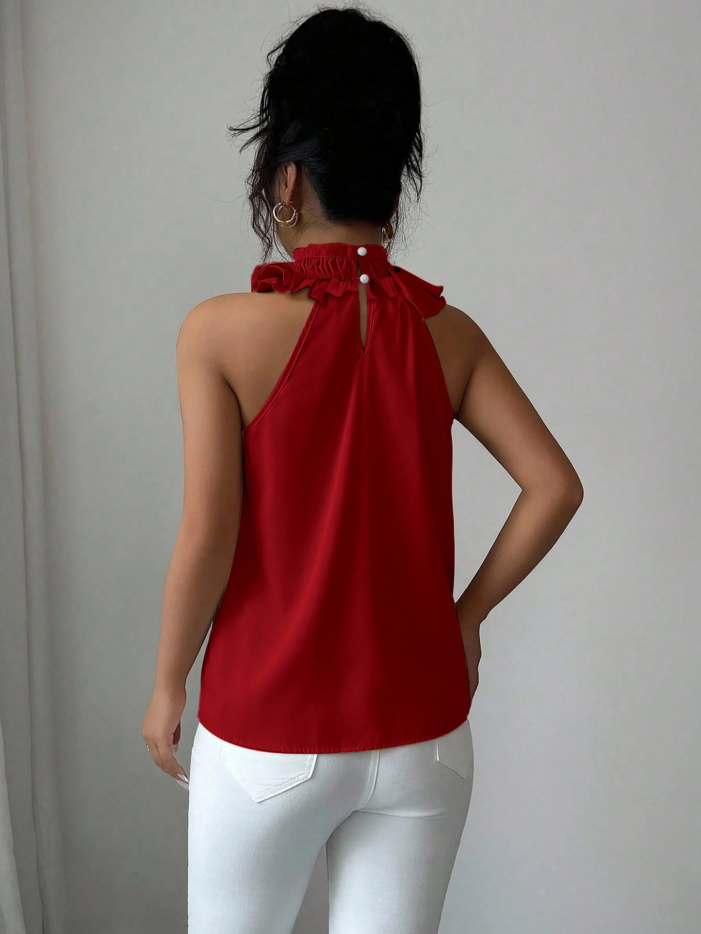 Damen Elegante Rüschenbluse mit Stehkragen – Ärmellos, Stilvoll, Für Büro und besondere Anlässe