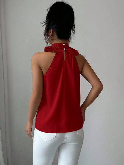 Damen Elegante Rüschenbluse mit Stehkragen – Ärmellos, Stilvoll, Für Büro und besondere Anlässe