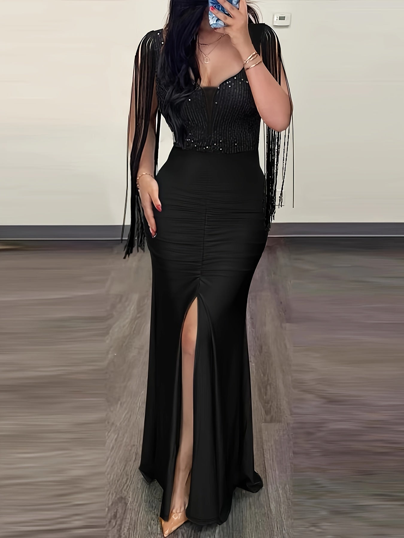 Damen Elegantes Abendkleid mit Fransen und Schlitz – Perfekt für festliche Anlässe