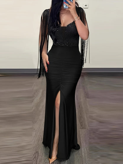 Damen Elegantes Abendkleid mit Fransen und Schlitz – Perfekt für festliche Anlässe