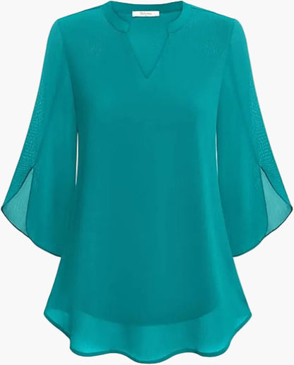 Damen-Bluse mit V-Ausschnitt und geschlitzten Glockenärmeln