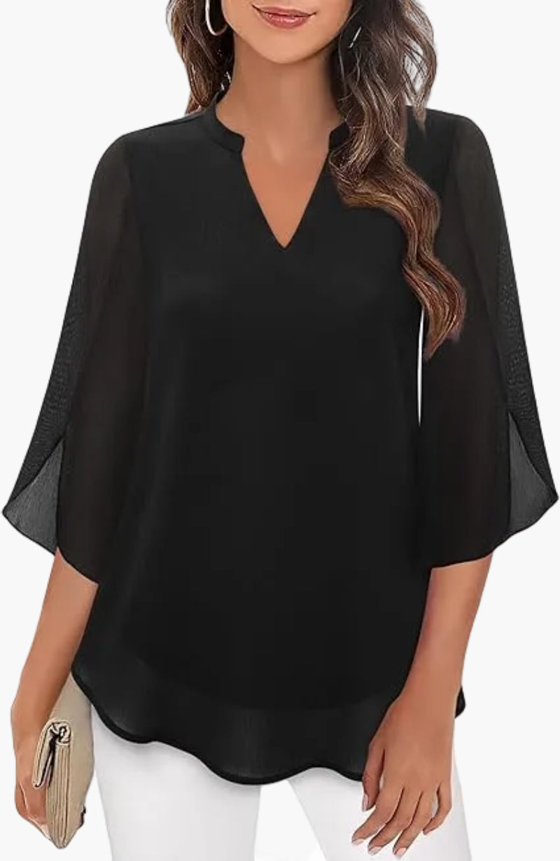 Damen-Bluse mit V-Ausschnitt und geschlitzten Glockenärmeln