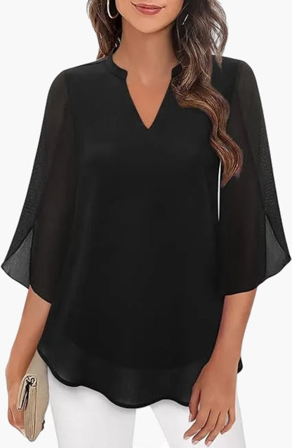 Damen-Bluse mit V-Ausschnitt und geschlitzten Glockenärmeln