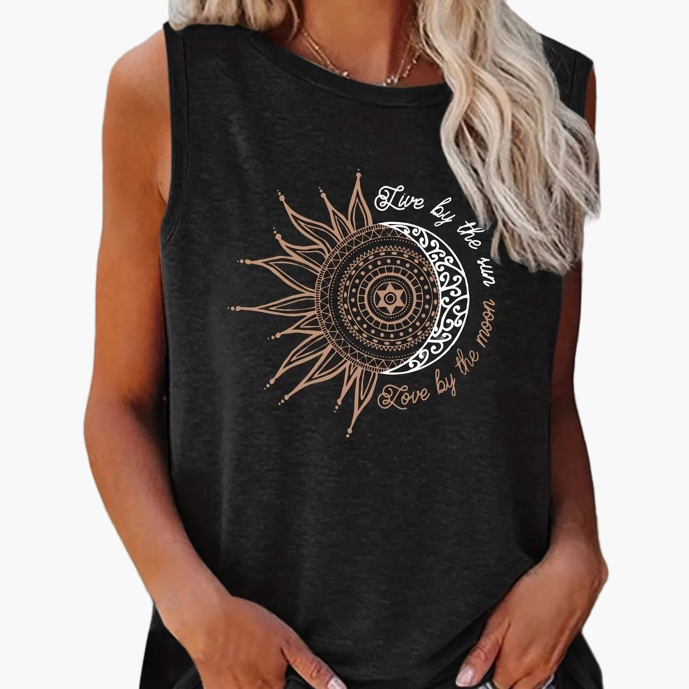 Damen Tanktop mit Mandala-Sonne-Mond-Print – Boho Style Shirt für Freizeit & Sommer