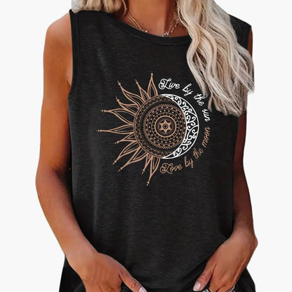 Damen Tanktop mit Mandala-Sonne-Mond-Print – Boho Style Shirt für Freizeit & Sommer