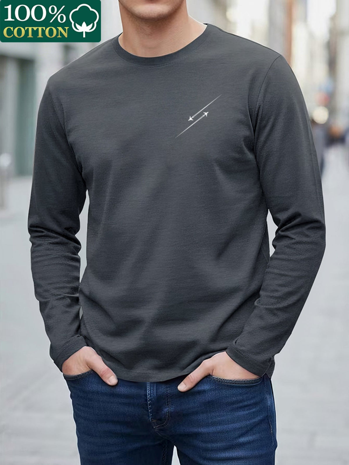 Herren Langarmshirt mit Motiv Rundhalsausschnitt in verschiedenen Farben
