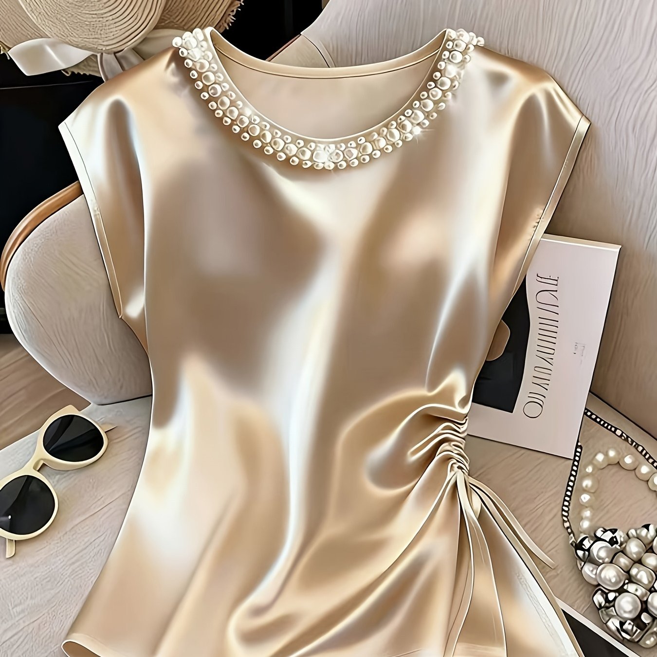 Damen Elegante Bluse mit Perlenkragen und Raffungsdetail – Stilvolles Kurzarm-Oberteil für festliche Anlässe oder Büro