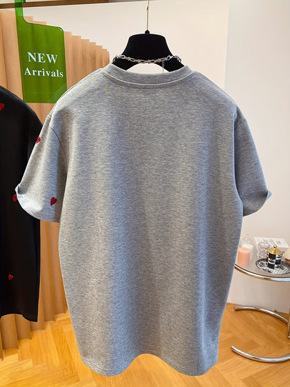 Damen Trendiges T-Shirt mit gestickten Herzen – Streetstyle Casual Kurzarm