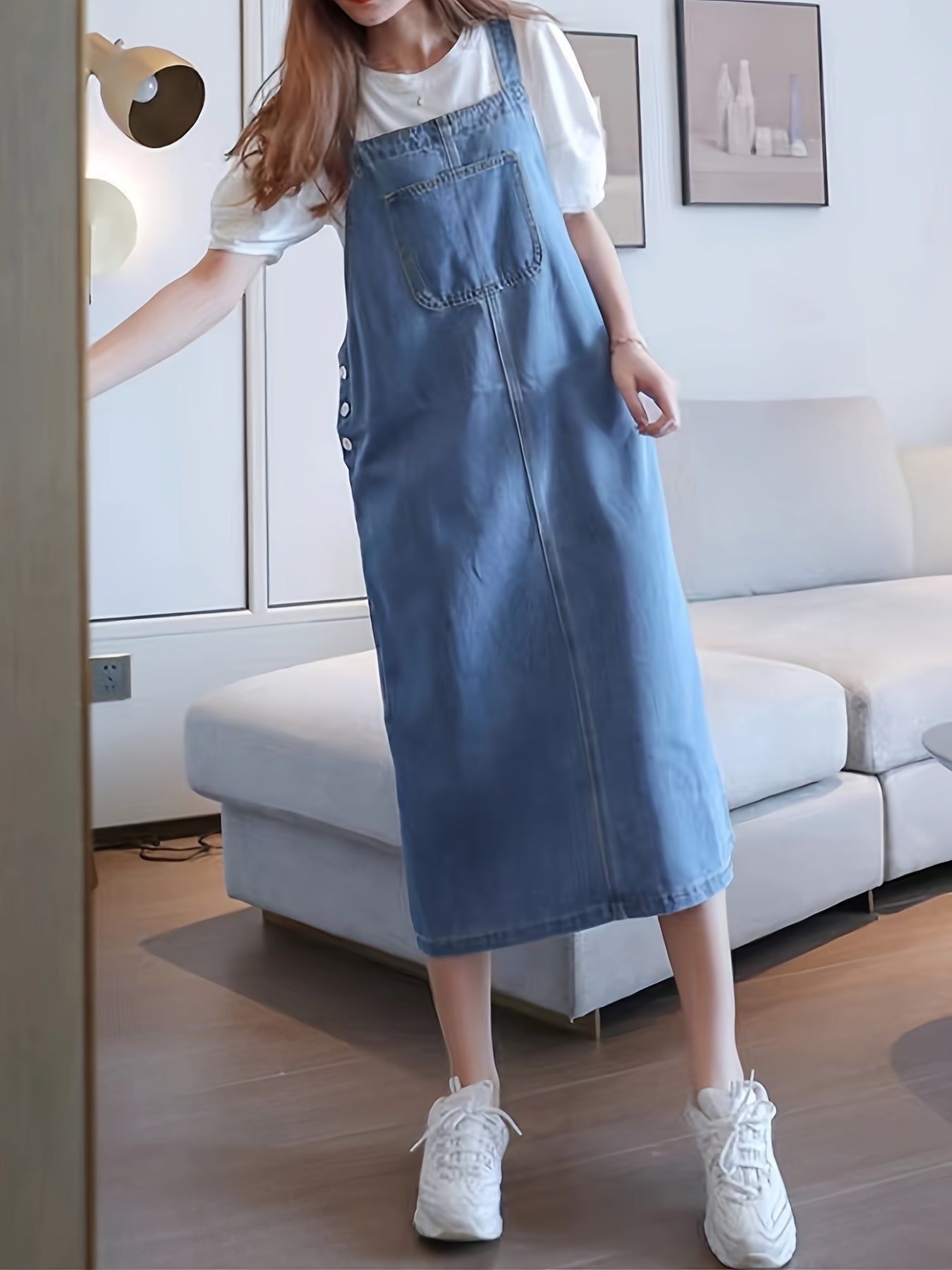 Damen Lässiges Jeans-Latzkleid Midi – Bequemer Freizeit-Overall für Alltag und Büro