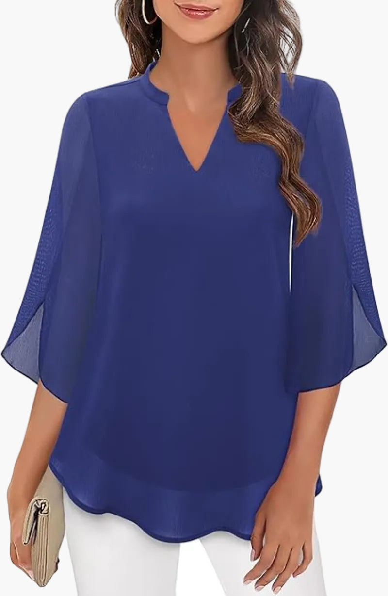 Damen-Bluse mit V-Ausschnitt und geschlitzten Glockenärmeln