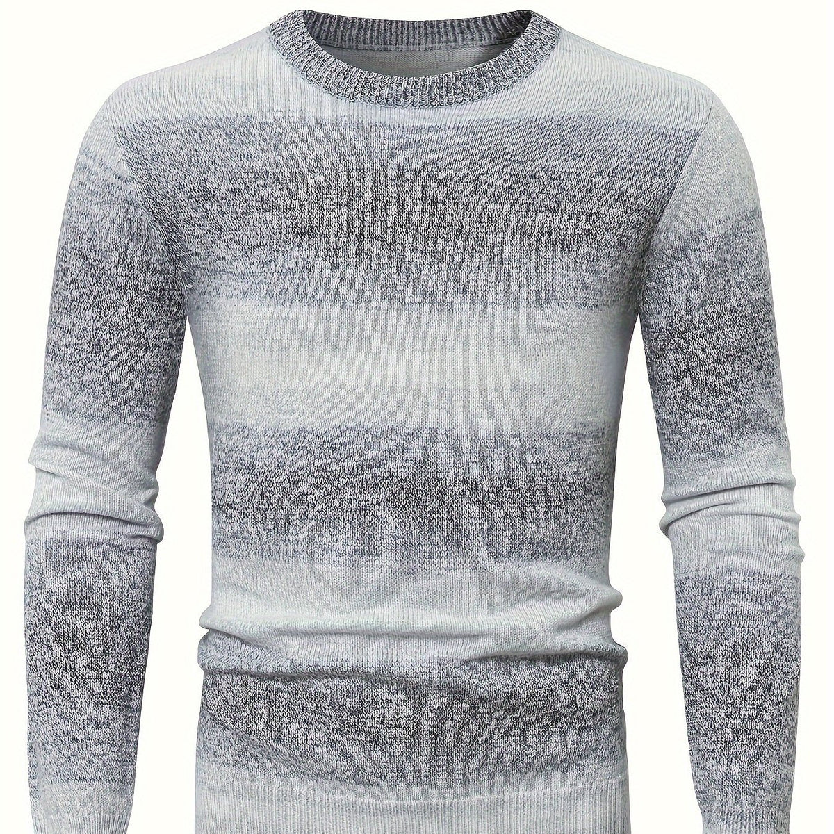 Herren Strickpullover Rundhals Grau-Weiß Gestreift Langarm