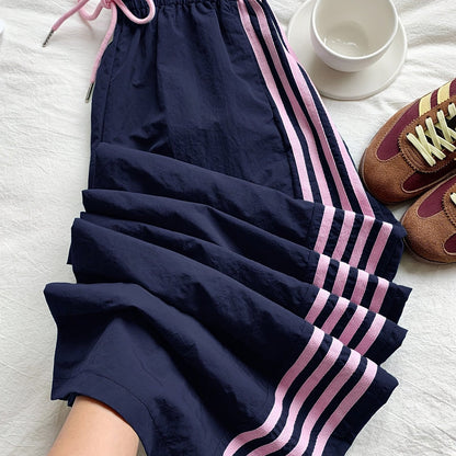 Damen Weitbeinige Athleisure Hose mit Streifen und Kordelzug – Sportlich & Lässig