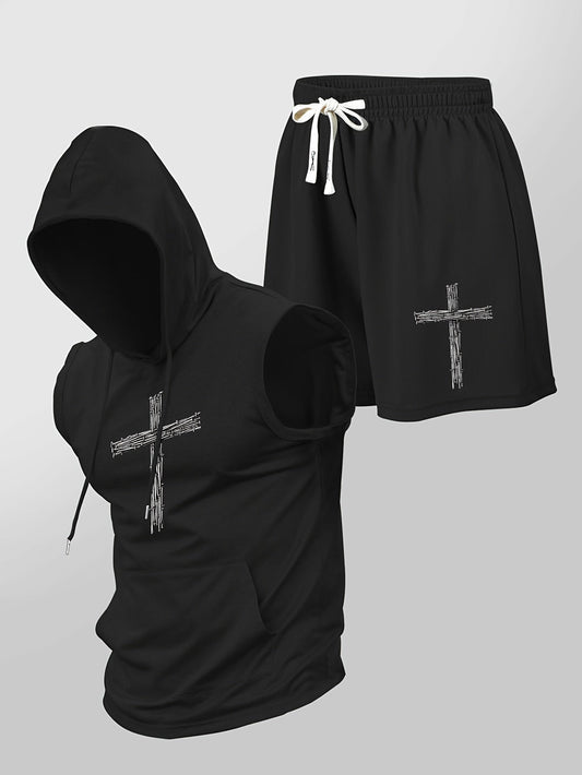 Herren Fitness Set mit ärmellosem Hoodie und Shorts, sportlicher Zweiteiler mit Kreuz-Print