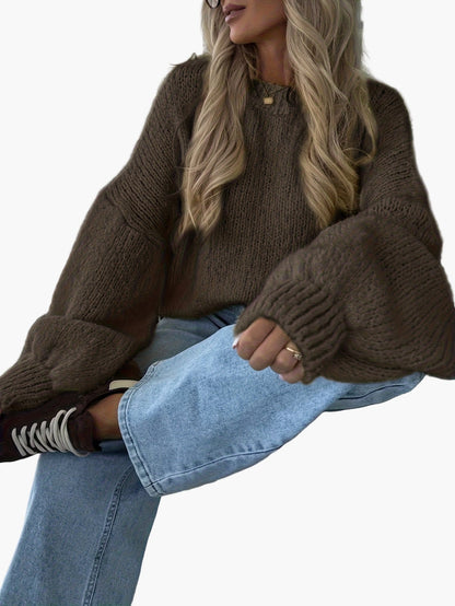 Damen Grobstrick Pullover mit Ballonärmeln für Herbst und Winter – Lässiger Strickpullover