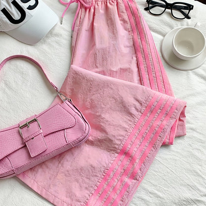 Damen Weitbeinige Athleisure Hose mit Streifen und Kordelzug – Sportlich & Lässig