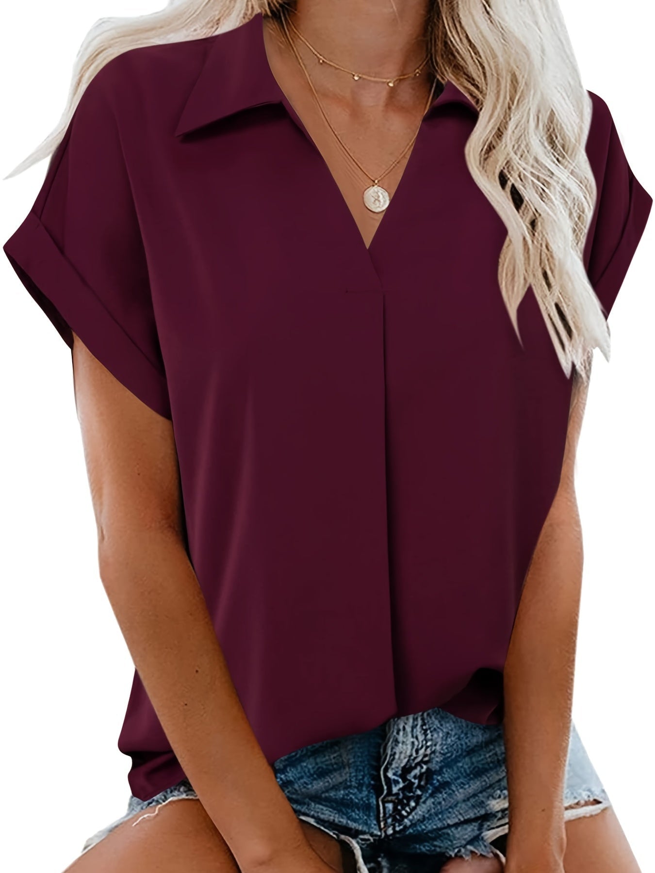 Damen Bluse mit V-Ausschnitt und kurzen Ärmeln – Eleganter Freizeit-Look für Alltag und Büro