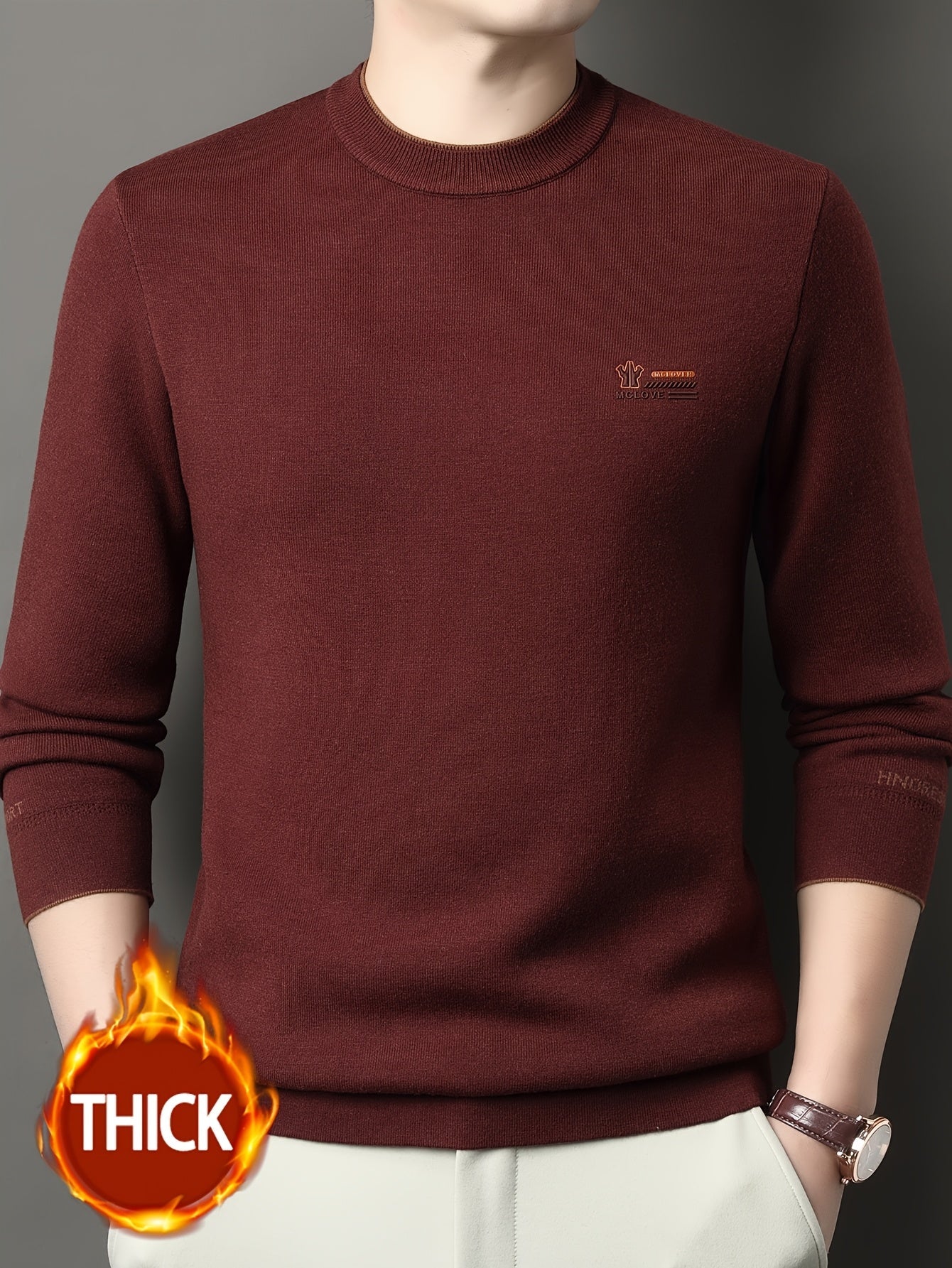 Herren Pullover Rundhals Langarm Strickpullover Warmgefüttert mit Rippbündchen