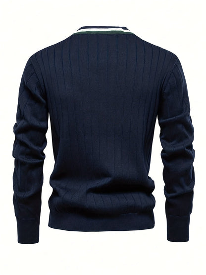 Herren Strickjacke Marineblau V-Ausschnitt mit Streifen