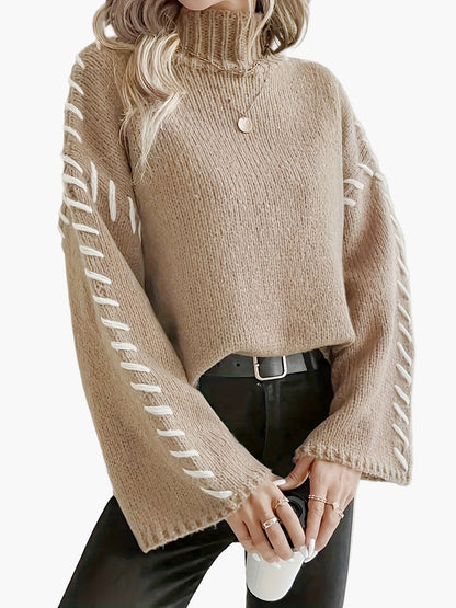 Damen Strickpullover mit weitem Ärmel und Ziernaht – Eleganter Herbst/Winter Pullover mit hohem Kragen