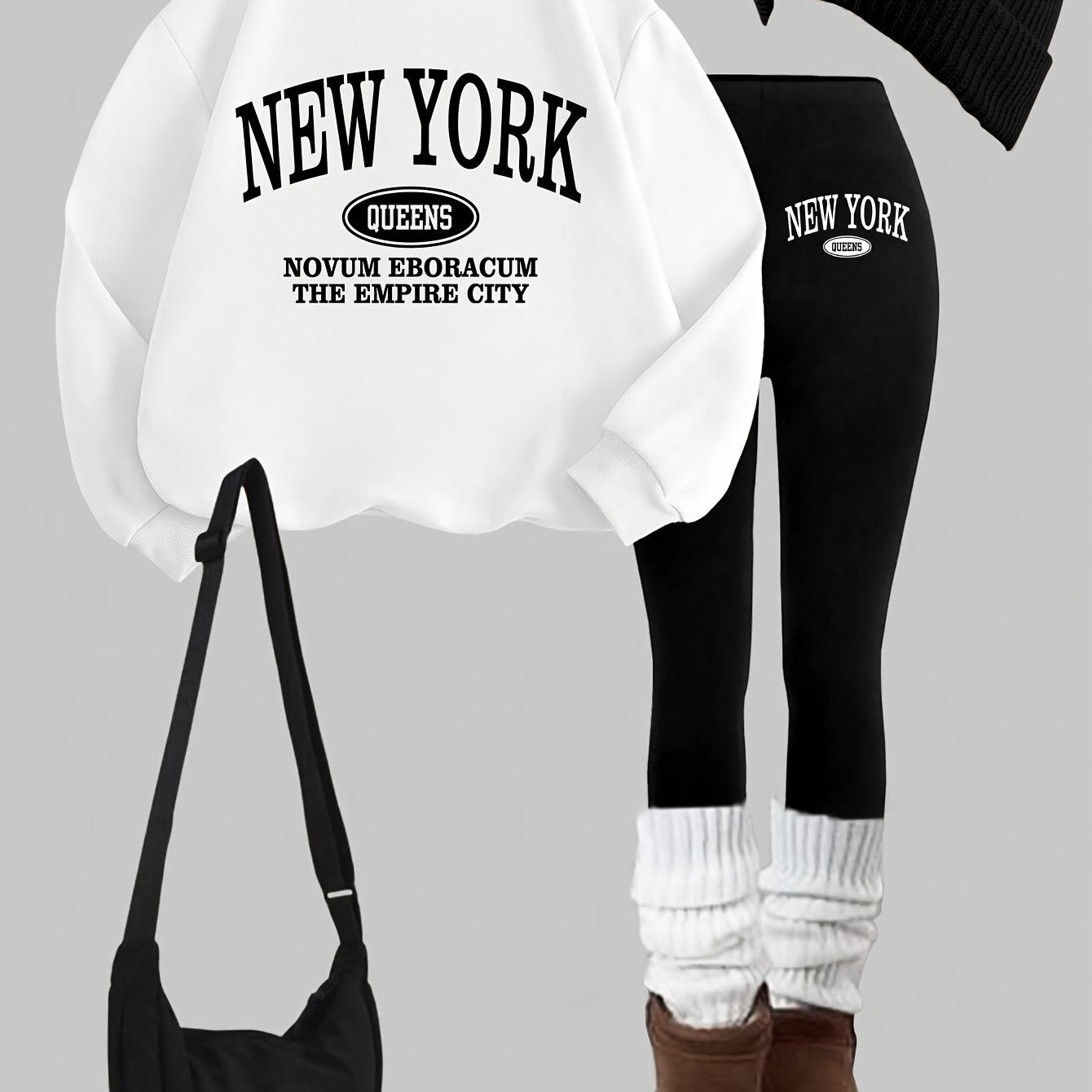 Damen Set: Pullover & Leggings mit 'New York Queens' Print, Rundhalsausschnitt