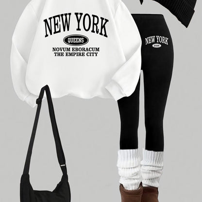 Damen Set: Pullover & Leggings mit 'New York Queens' Print, Rundhalsausschnitt