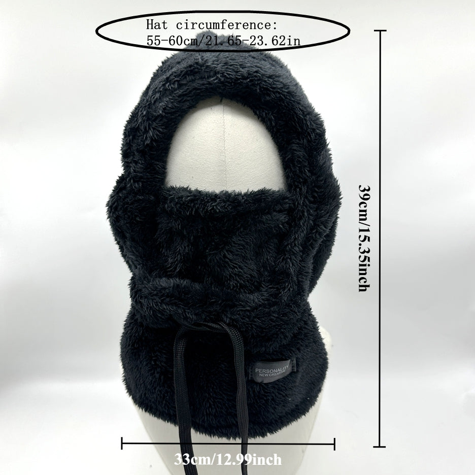 Fleece Kapuzen-Halstuch mit Gesichtsbedeckung und Kordelzug, Winter Schal Mütze Halswärmer Set