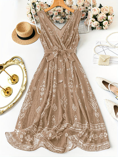 Damen Boho Maxikleid mit Gürtel und Vintage-Blumenmuster – Elegantes Sommerkleid für Freizeit, Strand & Gartenparty