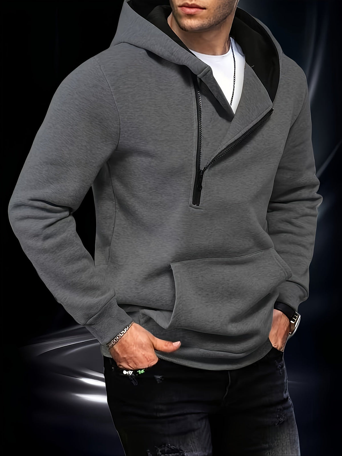 Herren Hoodie mit asymmetrischem Reißverschluss Kapuzenpullover Kängurutasche