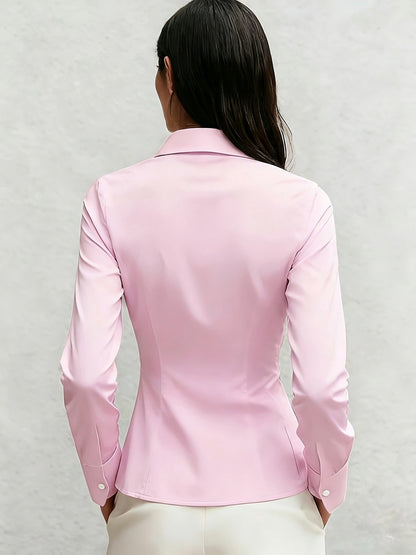 Damen Hemdbluse Tailliert mit Falten Knopfleiste Langarm