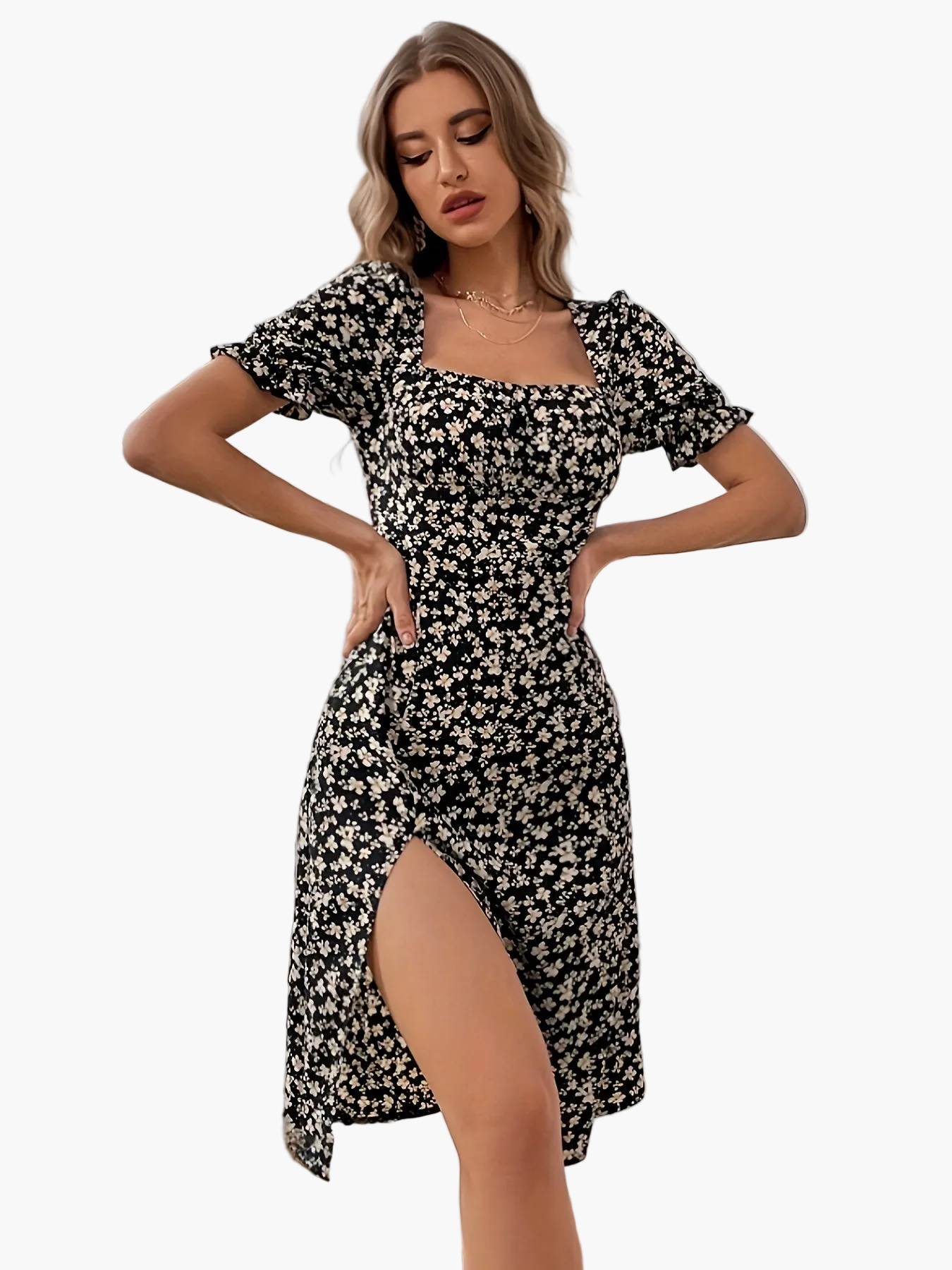 Damen Sommerkleid mit Blumenmuster und hohem Schlitz – Elegantes Freizeitkleid im Retro-Stil