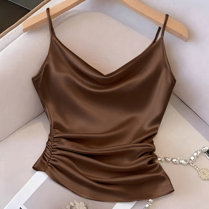Damen Satin-Camisole mit Wasserfallausschnitt und Raffungen – Elegantes Oberteil für Abend und Party