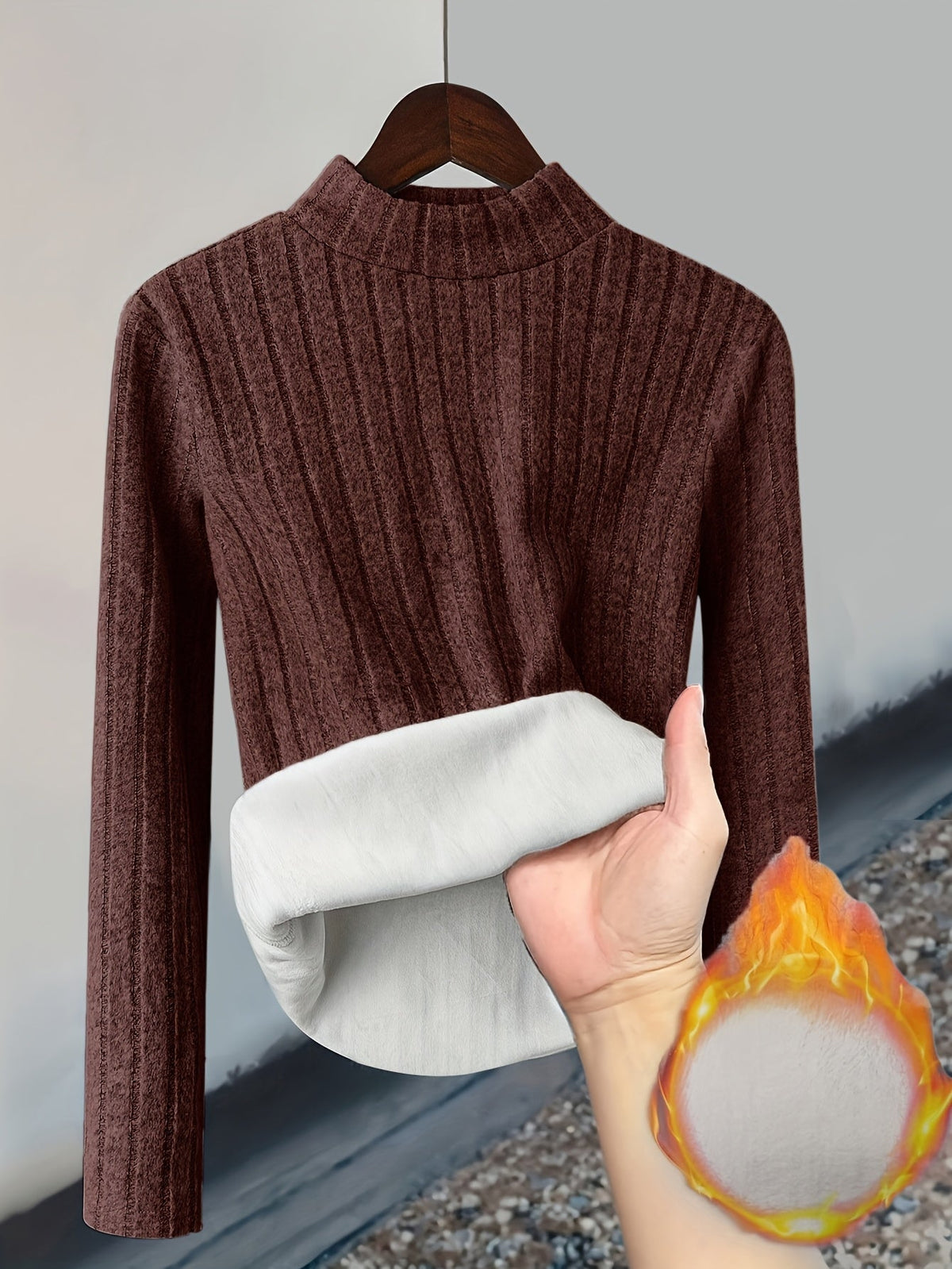 Damen Pullover Rippstrick Stehkragen Warme Fleecefütterung Langarm
