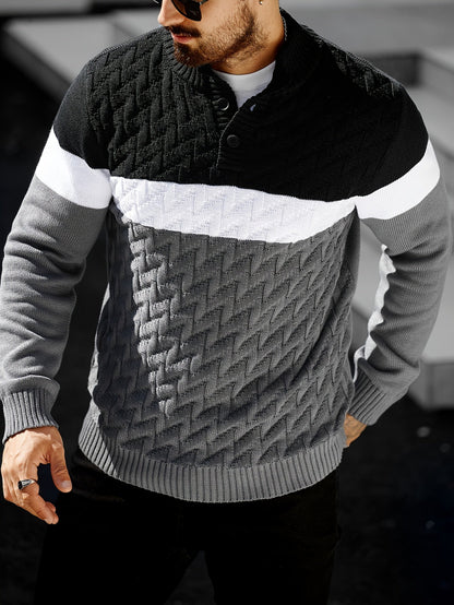 Herren Grobstrickpullover mit Stehkragen und Knopfleiste, mehrfarbig