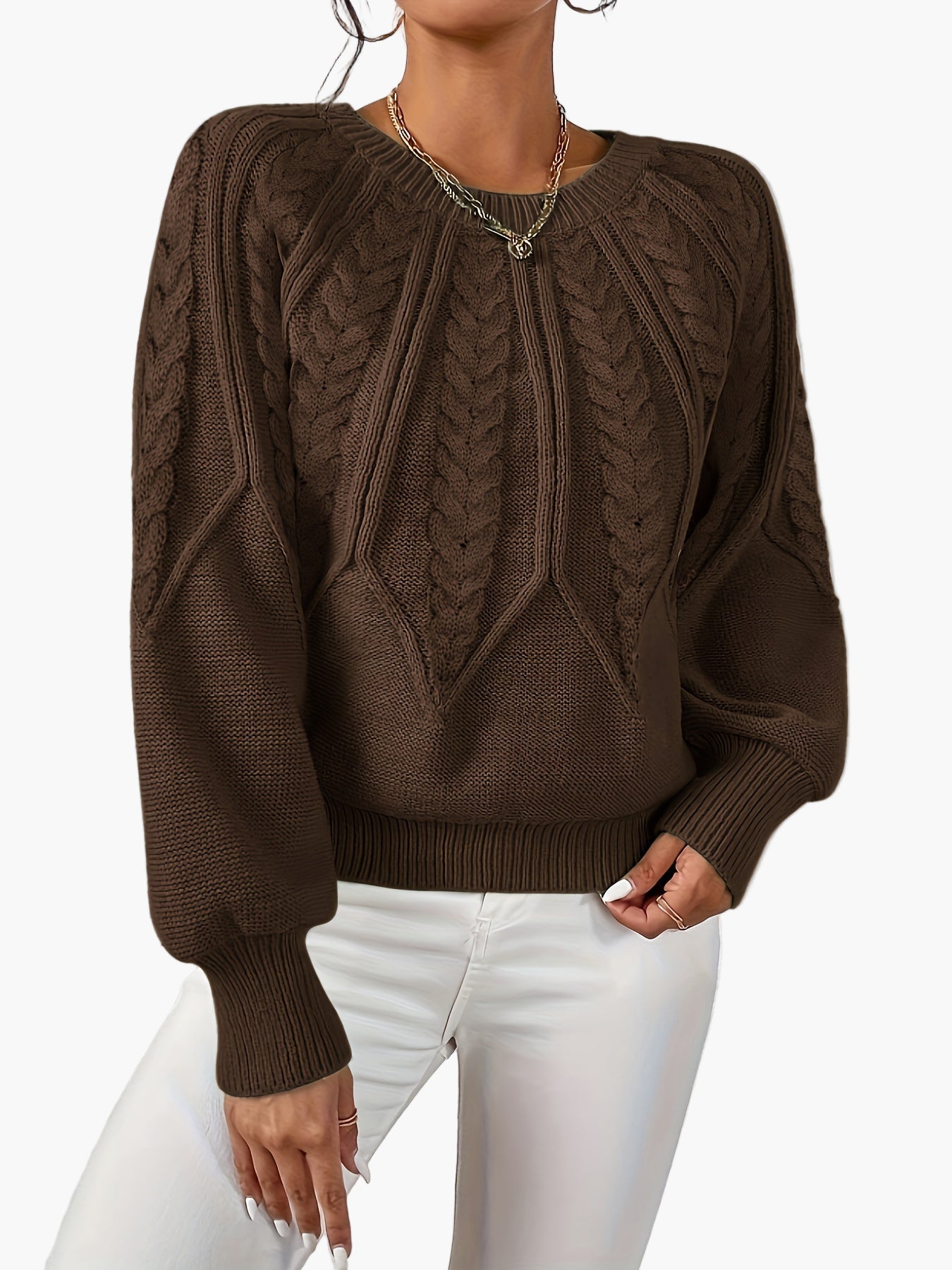 Damen Strickpullover mit Zopfmuster und Rundhalsausschnitt – Eleganter Alltagslook für Frühling & Herbst