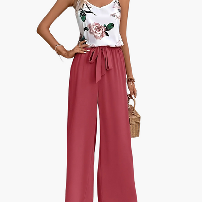 Damen Eleganter Jumpsuit mit Blumenmuster und Bindegürtel – Perfekt für Sommer und Freizeit