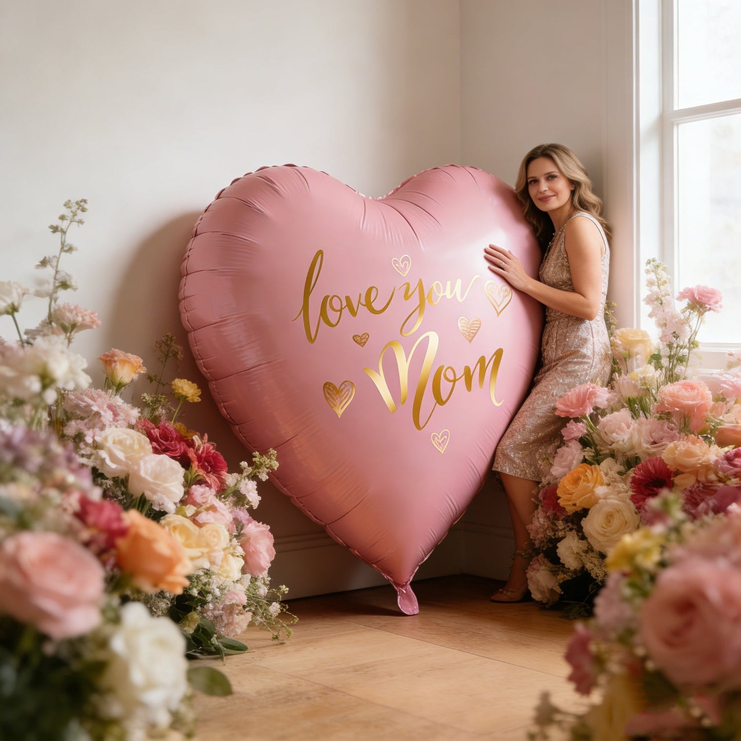 Herzförmiger XXL-Folienballon mit „Love You Mom“-Schriftzug – Stilvolle Muttertagsdeko für Damen