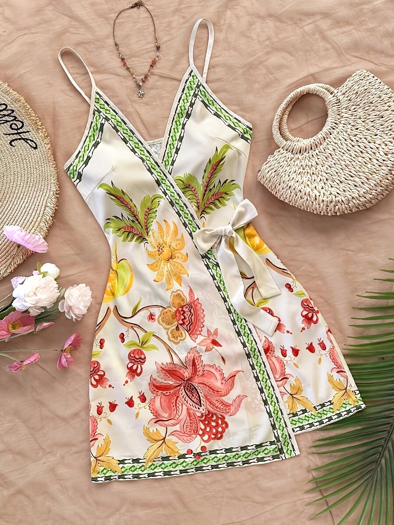 Damen Sommer Wickelkleid mit tropischem Print und Blumenmuster – Ideal für Urlaub und Freizeit