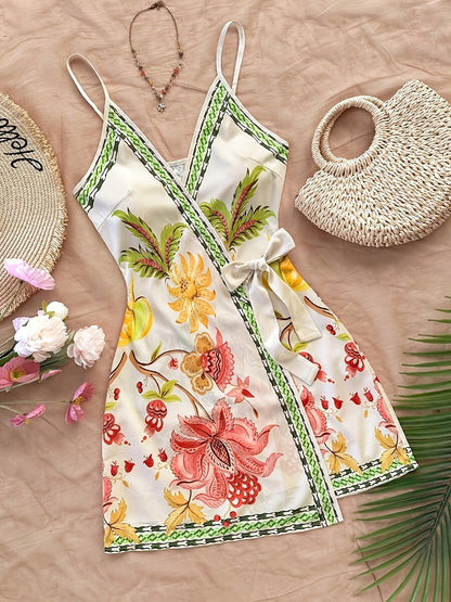 Damen Sommer Wickelkleid mit tropischem Print und Blumenmuster – Ideal für Urlaub und Freizeit