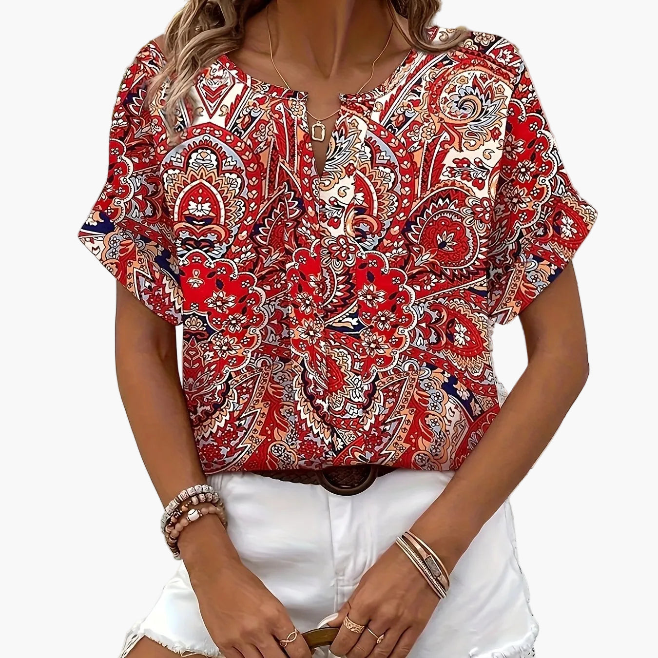 Damen Elegante Kurzarm Bluse mit Modernem Print – Perfekt für Freizeit und Büro
