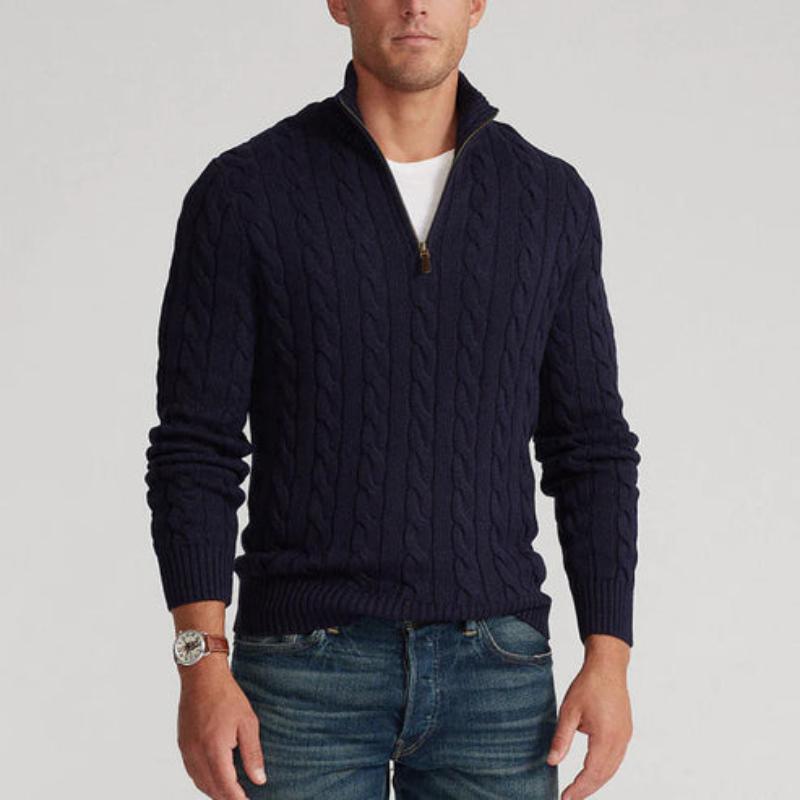 Herren Strickpullover mit Zopfmuster und halbem Reißverschluss – Eleganter Freizeit-Look