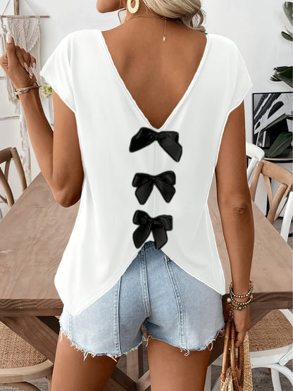 Damen Trendiges Rückendetail-Shirt mit Schleifen und V-Ausschnitt – Perfekt für Sommer, Freizeit & Urlaub