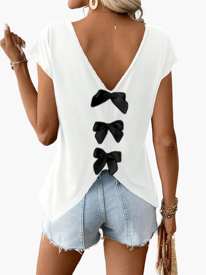 Damen Trendiges Rückendetail-Shirt mit Schleifen und V-Ausschnitt – Perfekt für Sommer, Freizeit & Urlaub